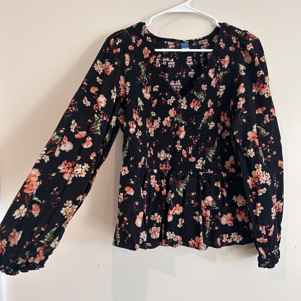 Old Navy Floral Blouse Sz L Ruched Balloon Sleeve Peplum V Neck Popover Romantic